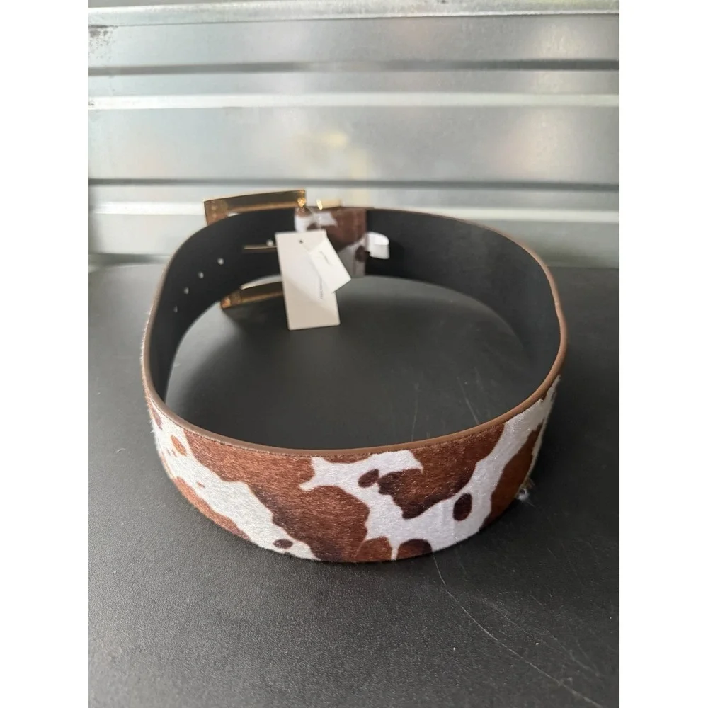 True Love  Cow Print Leather Calf Hair Textured Wide Gold Buckle Belt S